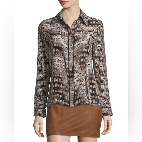 Alice + Olivia Long Sleeve Button Down Blouse, 100% Silk, Owl Print, Size Small - Picture 1 of 12